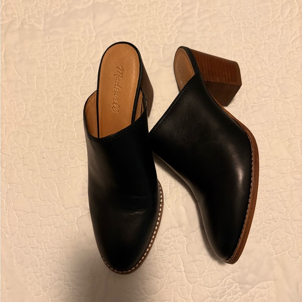 Madewell Black Leather Block Heel Mules size 8